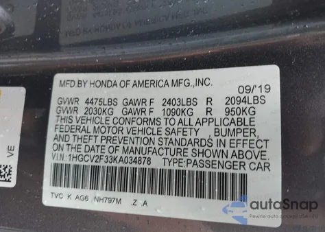 2019 Honda Accord Sport 2.0T from USA, damaged, VIN 1HGCV2F33KA034878